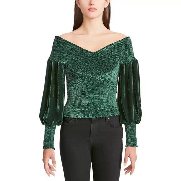 NWT BB Dakota‎ Steve Madden Velour Long Sleeve Ruched Top in Green - Size L - Picture 1 of 6